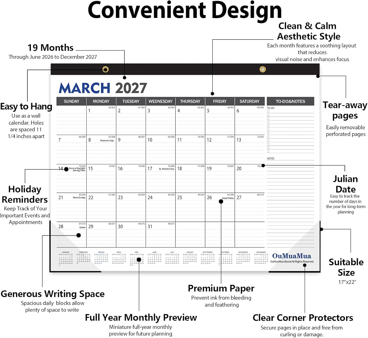Large Desk Calendar 2026-2027 - 19 Months from Jun. 2026 through Dec. 2027, 22 x 17 Inches Desktop Wall with Julian Date To-do & Notes, Corner Protectors for School Home Office