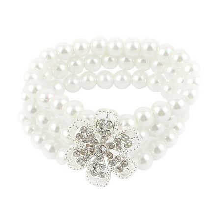 - Unique Bargains Women 3 Rows White Faux Pearl Rhinestone Inlaid Elastic String Bracelet Bangle