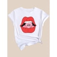thumbnail image 3 of Camiseta De Mujer Verano Ropa Informal Suelta Camiseta Básica De Moda Para La Calle DiariaBlack Women's Casual Fashion Top with Big Red Mouth Print and Love Bite, Round Neck Short Sleeve T-shirtFath, 3 of 5