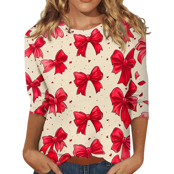 Womens 3/4 Sleeve Tops O Neck Casual Fashion Bowtie Pattern Shirts Spring and Autumn Trendy Tees