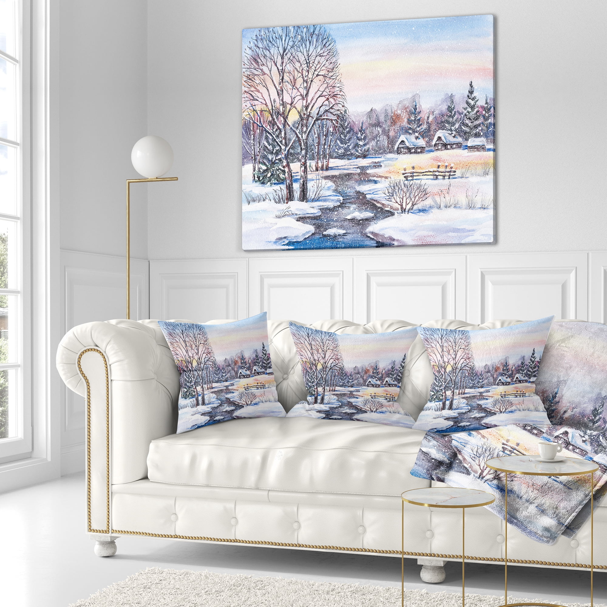 Designart Russian Winter Village - Landscape Photography Throw Pillow - 16x16