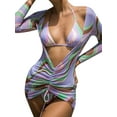 thumbnail image 2 of Seyurigaoka Women Summer Swimsuit 3 Pcs Set, Colorful Stripe Print Bra + Thong + Long Sleeve V-neck Drawstring Short Dress, 2 of 9