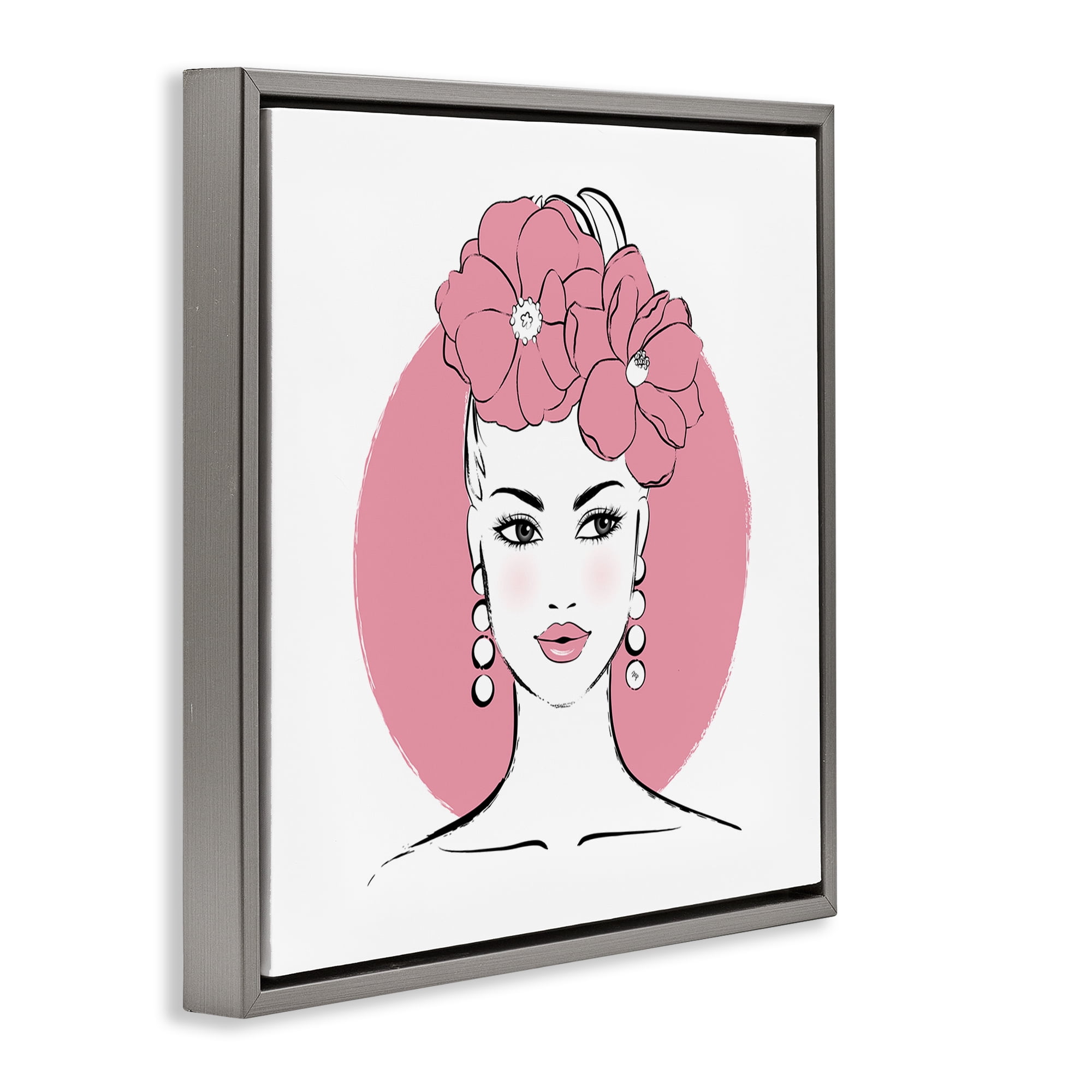 Stupell Industries Pink Lady Portrait Novelty Painting Gray Floater Framed Art Print Wall Art, 25 x 25