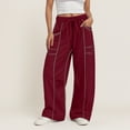 thumbnail image 2 of zaveiop Barrel Sweatpants Women High Waisted Wide Leg Lounge Pants Casual Fall Drawstring Contrast Patchwork with Pockets (Z-Wine, M), 2 of 5