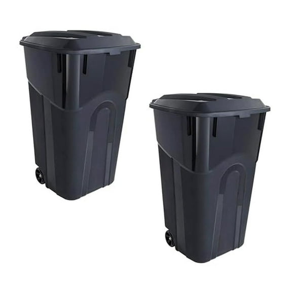 2 PCS 32 Gallon Heavy Duty Plastic Garbage Cans Trash Cans Rubbish Bin with Attached Lid 2 Built in Rugged Wheels Easy Grip Handle Click Lock Lid Design Perfect for Both Indoor Or Outdoor Use