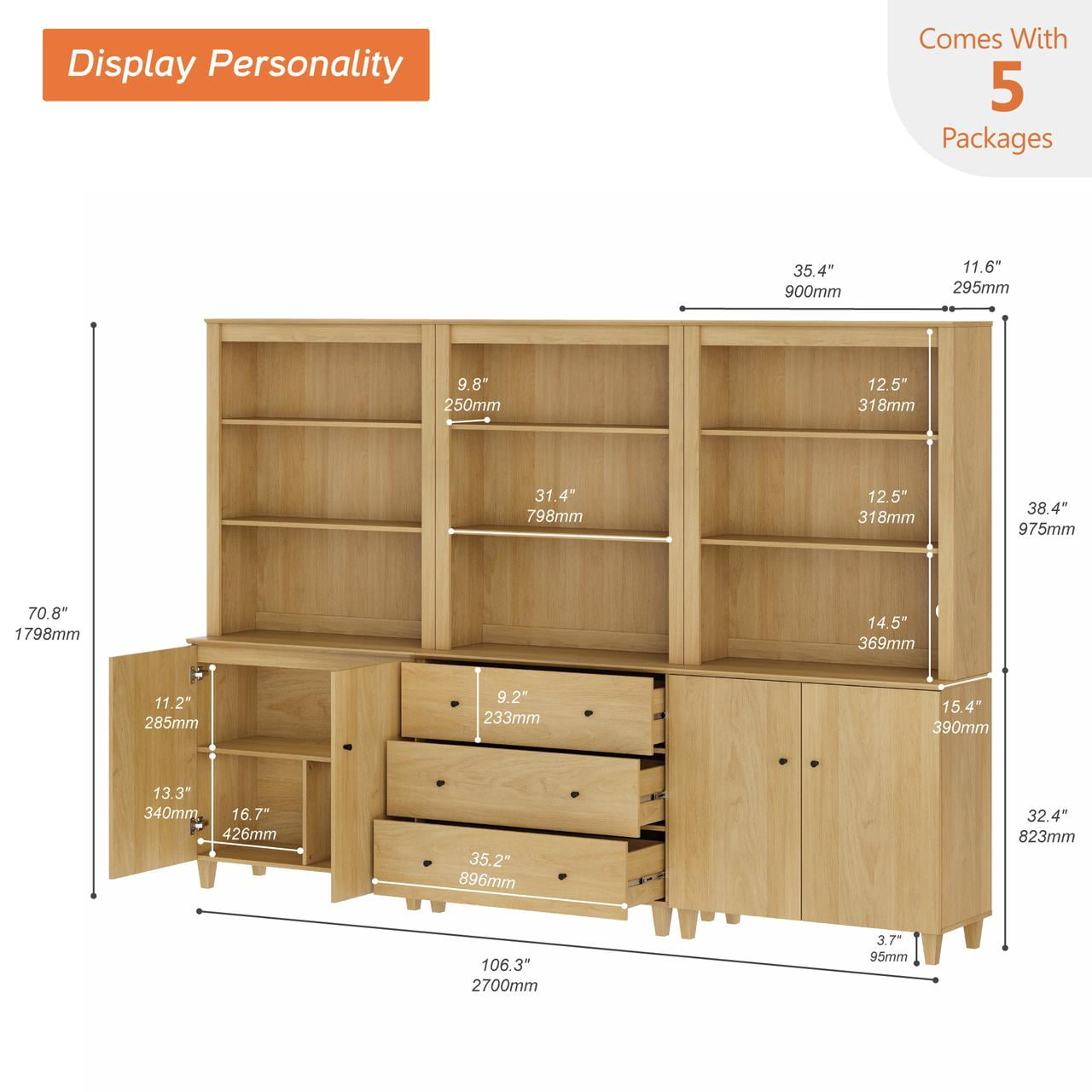 WAMPAT 71" Tall Bookshelf Set of 3, 5-Tier Modern Storage Bookcase with 2 Cabinets and 3 Drawers, Large Wooden Bookcases for Living Room, Oak Wood