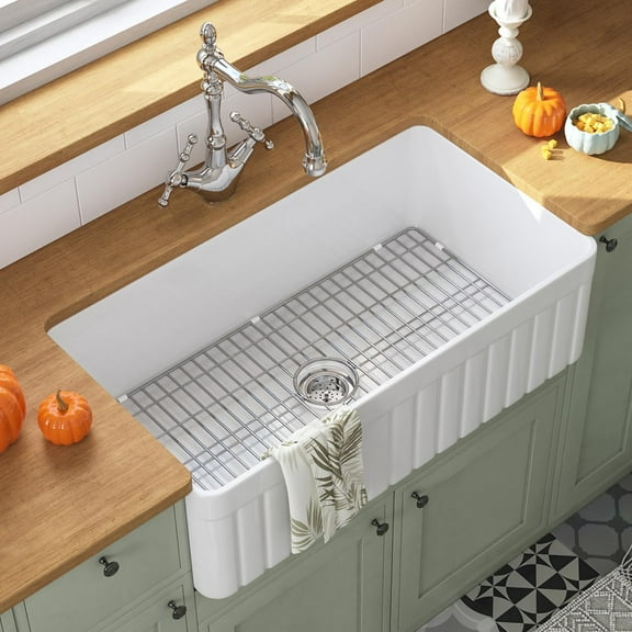 DeerValley White Farmhouse Sink 33 inch, Fireclay Apron Front Farm Kitchen Sink, Single Bowl Deep Drop-in Undermount Reversible Sinks with Grid & Strainer