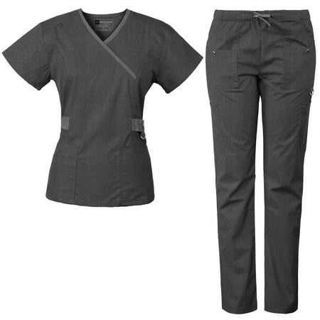 

Medgear Luna Women s 4 way stretch Crossover Neckline Contrast Top Slim Leg Pant scrub Set (heather charcoal xs)