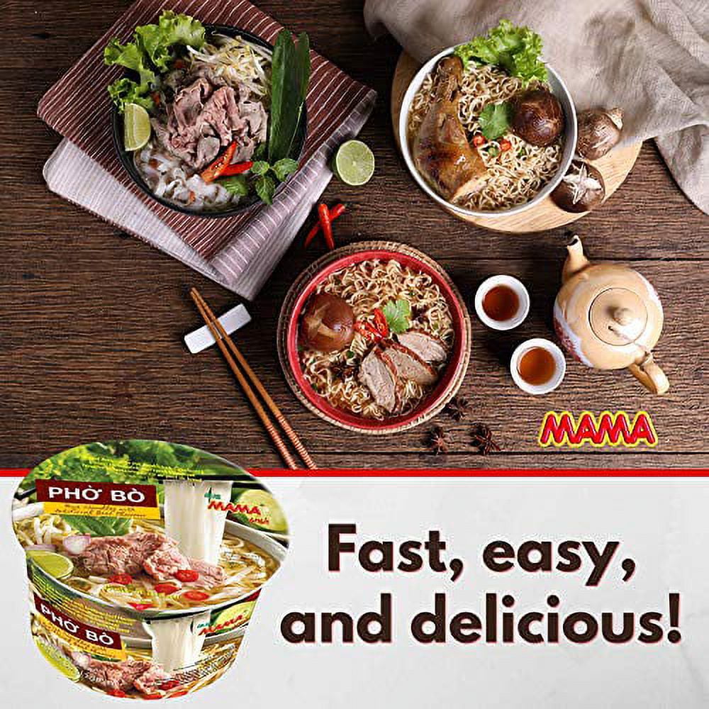 MAMA Pho Bo Instant Beef Soup Bowl Noodle In Vietnamese Style, Silky-smooth, Chewy Rice Noodles With Piping Hot Aromatic Soup Mix (6-Bowl Pack, 2.29 oz Per Bowl)
