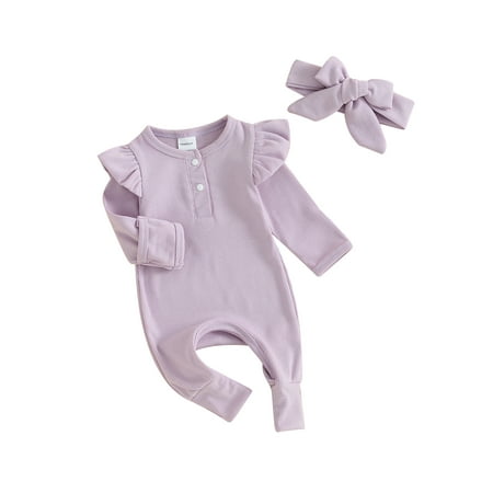 

Qtinghua Newborn Baby Girl Fall Outfits Ruffle Long Sleeve Romper Jumpsuit with Headband Clothes Purple 0-3 Months