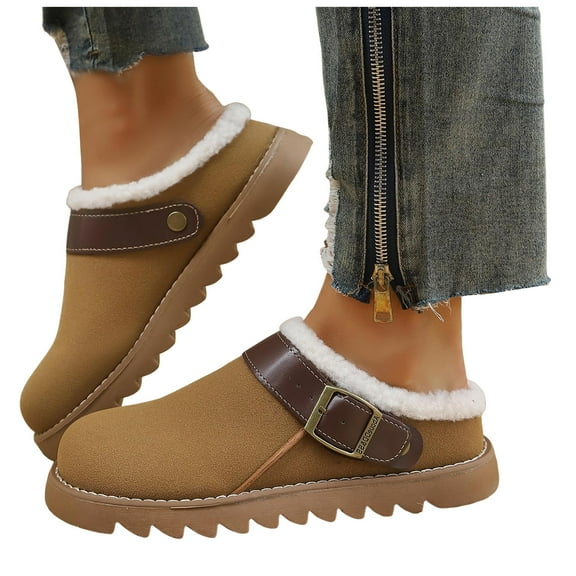 Slippers for Women Furry Lined Winter Clogs Trendy Buckle Strap Slip on House Shoes Antislip Platform Lug Sole Casual Slides Khaki Size 6.5