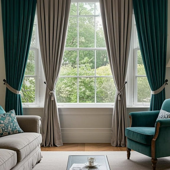 SMILETIME Grey & Dark Green Back Tab Curtains, 4 Panels Set Rod Pocket & Pinch Pleat Design Light-Filtering & Thermal Insulation Ideal for Living Room, Bedroom & Office Windows