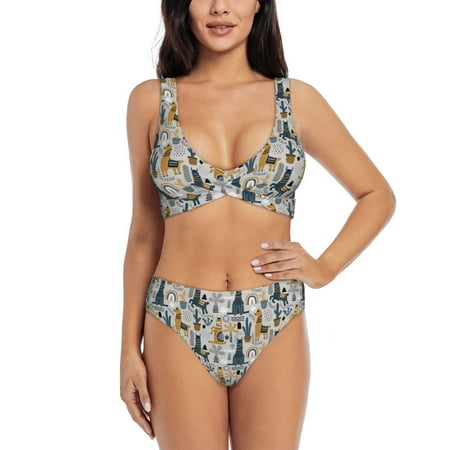 Zeuib Llama and Cactus1 High Waisted Tummy Control Bikini Set - Knot Front Push Up Top & Cheeky Thong Bottom  Two-Piece Swimsuit for Women-Small