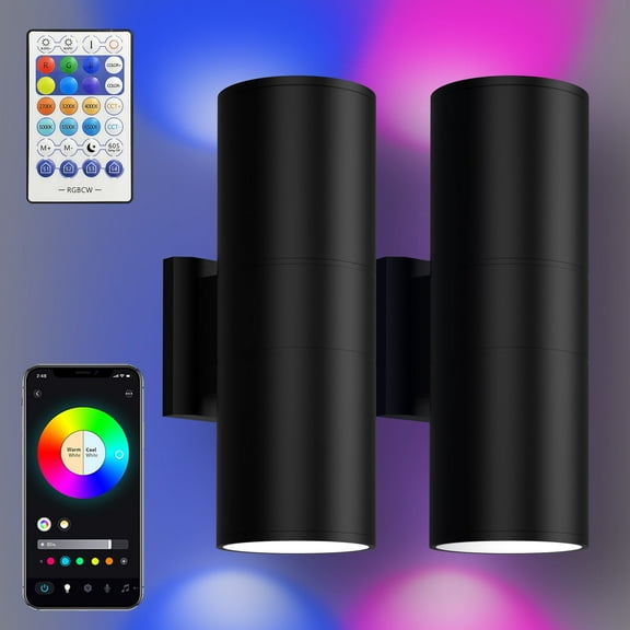 Smart RGBCW Up and Down Outdoor Wall Lights 120W, Dual Beam LED Wall Sconce with App & RF Control, 2700K-6500K Adjustable White, Color Changing Dimmable Exterior Light for Porch, Patio, Garage（2Pack）