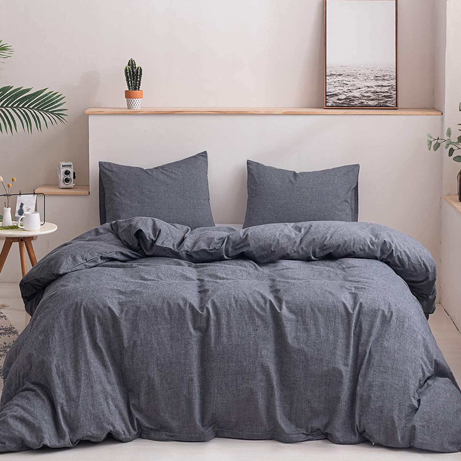 EWAYBY 3Piece 100 Washed Cotton Duvet Cover and Sham Set(Queen, Grey