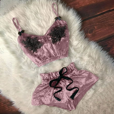 

Voncos Women Clearance Summer Pants- Women V-Neck Eyelash Beaded Sexy Stain Camisole Pajamas Bowknot Shorts Set Bikinis Pink XXL
