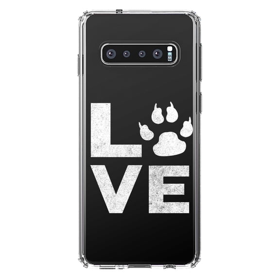 DistinctInk Clear Shockproof Hybrid Case for Samsung Galaxy S10 (6.1" Screen) - TPU Bumper Acrylic Back Tempered Glass Screen Protector - Love - Dog Paw