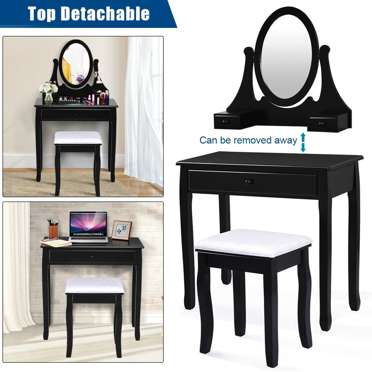 Gymax Fashion Bedroom Wooden Mirrored Makeup Vanity Set Stool Table Set Black