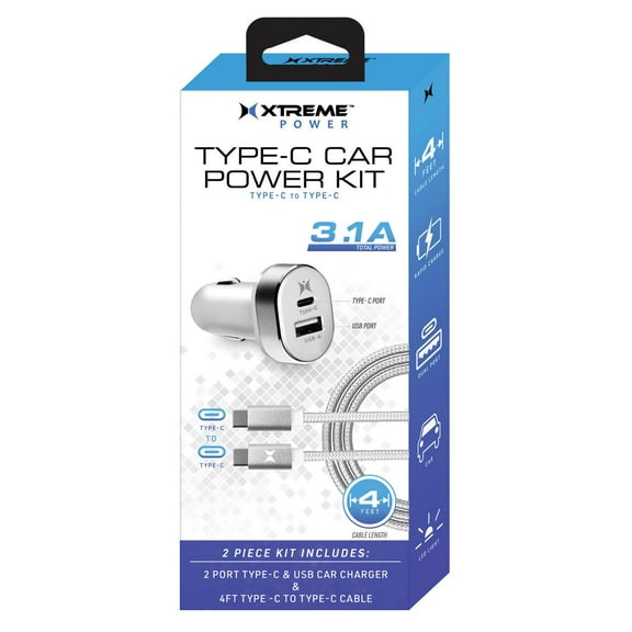 Xtreme White 2-Port Car Charger, With USB and Type-C Ports & 4ft Type-C To Type-C Cable