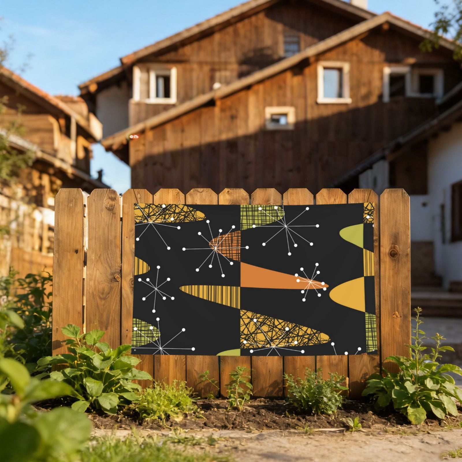 Atomic Age Geometric Mid Century Four Hole Decorated Banner Flag for Garden Yard Home Decoration Indoor Outdoor 4x6 Ft