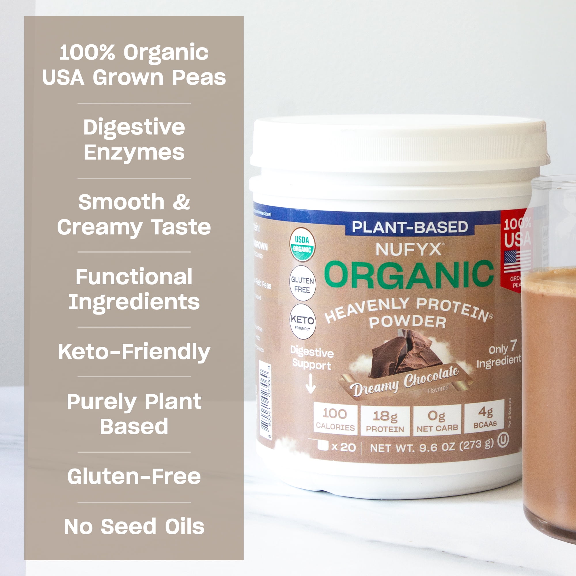 NUFYX Family Owned Organic Plant-Based Protein, Dreamy Chocolate, 18g Protein per 100 Calories, USA Grown Peas