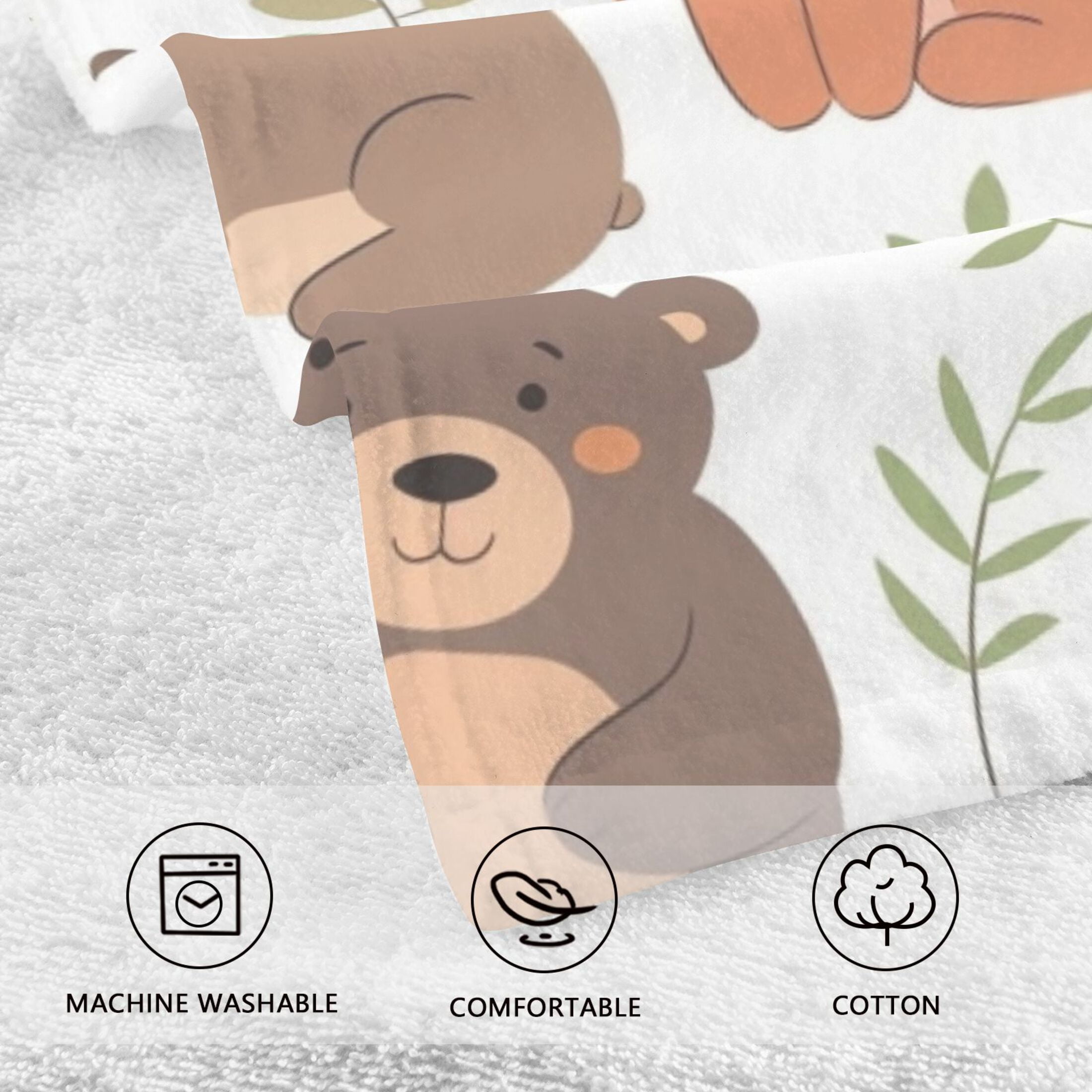 Cotton Bath Towels Soft Face Towel Absorbent Quick Dry Cute Bears with Leaf 16"x28" 2 Pack
