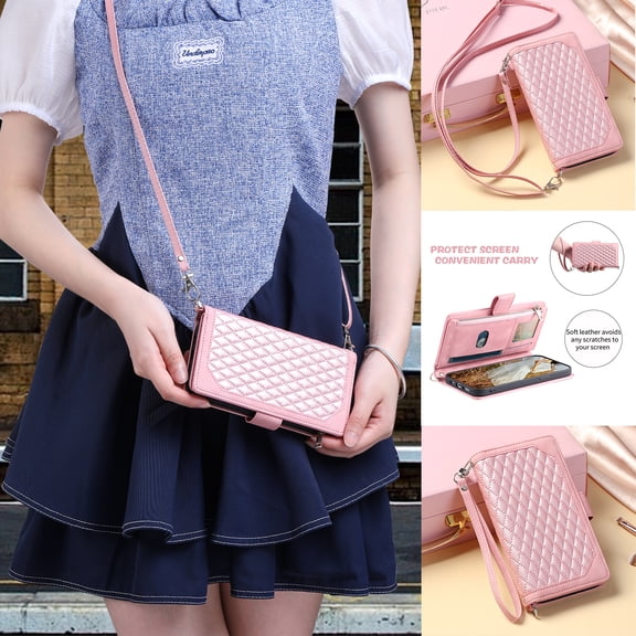 Compatible for Samsung Galaxy A12 5G Zipper Wallet Case, Shoulder Strap Wrist Strap Handbag Soft Silicone Shockproof Case with Kickstand Magnetic Card Slots Lattice Texture Crossbody Cover,Rosegold