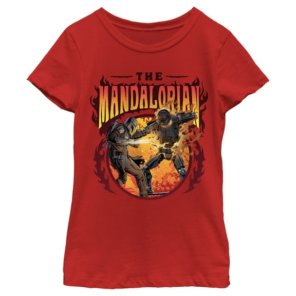 Girl's Star Wars: The Mandalorian Din Djarin Dark Trooper Fire Circle  Graphic Tee Red Large