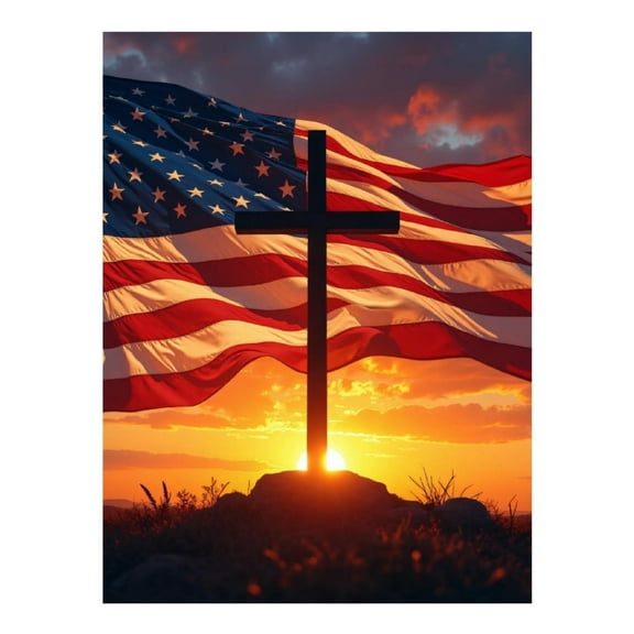 Diamond Art Kits for Adults, Sunset Silhouette Flag Sky Cross 5D Diamond Painting Kits for Adults Beginners, DIY Full Drill Diamond Painting, Gem Art and Crafts 12x16