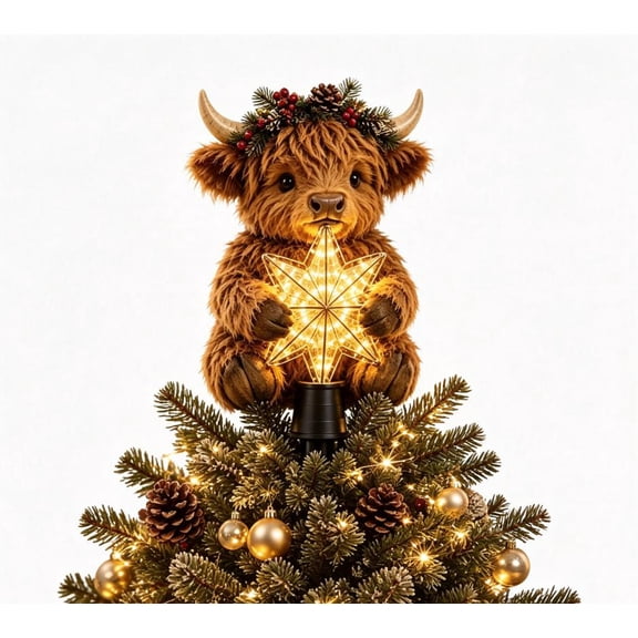 Baby Highland Cow Glowing Star Tree Topper - Lighted Christmas Tree Topper with Warm LED for Holiday Home