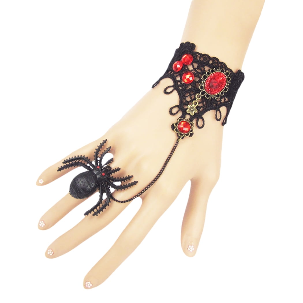 Halloween Gothic Laces Red Rose Hands Bracelet Adjustable Finger Ring Accessory