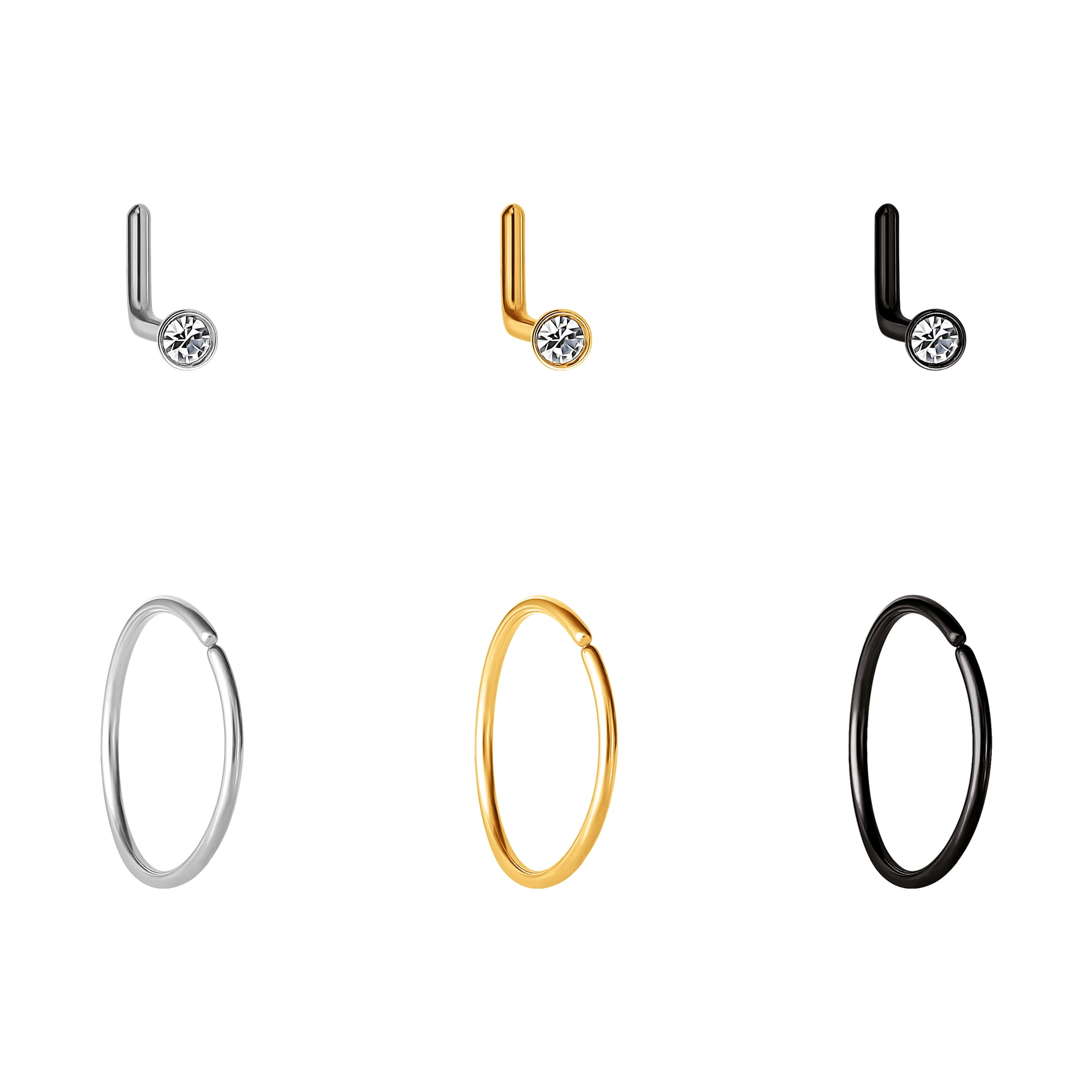 NoBoundaries Women's Silvertone Tri Tone Stud & Hoop Nose Ring Set, Stainless Steel, 6-Piece