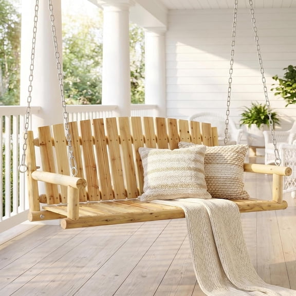 Magic Union Wood Porch Swing, 3-Person Hanging Bench with Heavy-Duty Chains, 900 LBS Outdoor Swing Chair for Patio, Garden, Yard, Front Porch