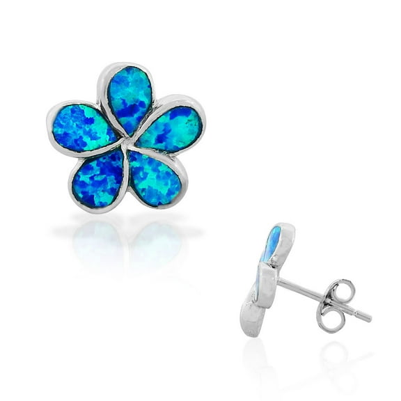 925 Sterling Silver Blue Turquoise-Tone Simulated Opal Flower Stud Earrings
