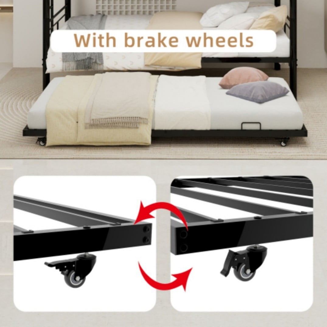 Twin Triple Bunk Bed, 3-in-1 Convertible Metal Bunk Bed Frame, Space-Saving Design with Guardrails & Ladder, Heavy-Duty Iron, Black