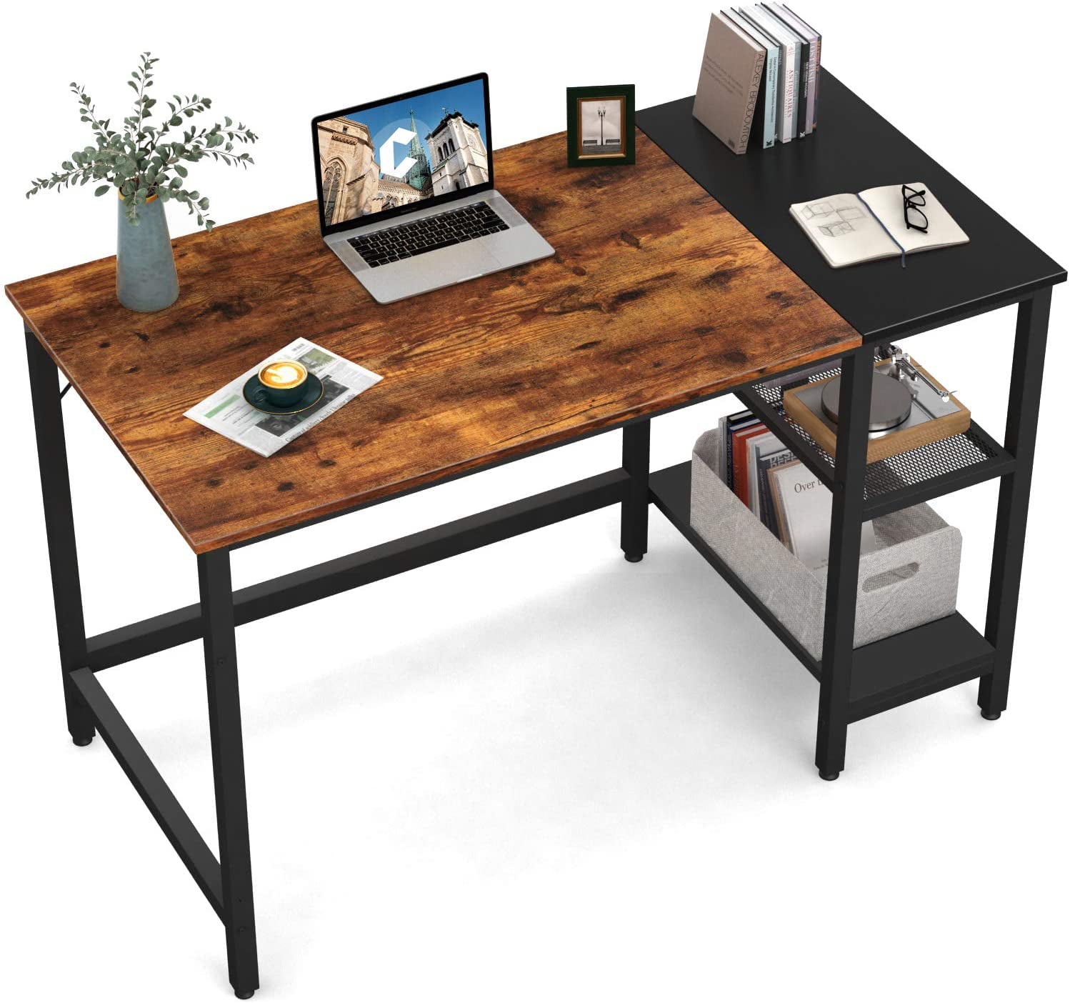 Computer Desk with Shelves,47 Modern Sturdy Writing Desk for Home Office,Office Desk with Bookshelf Coleshome Black 