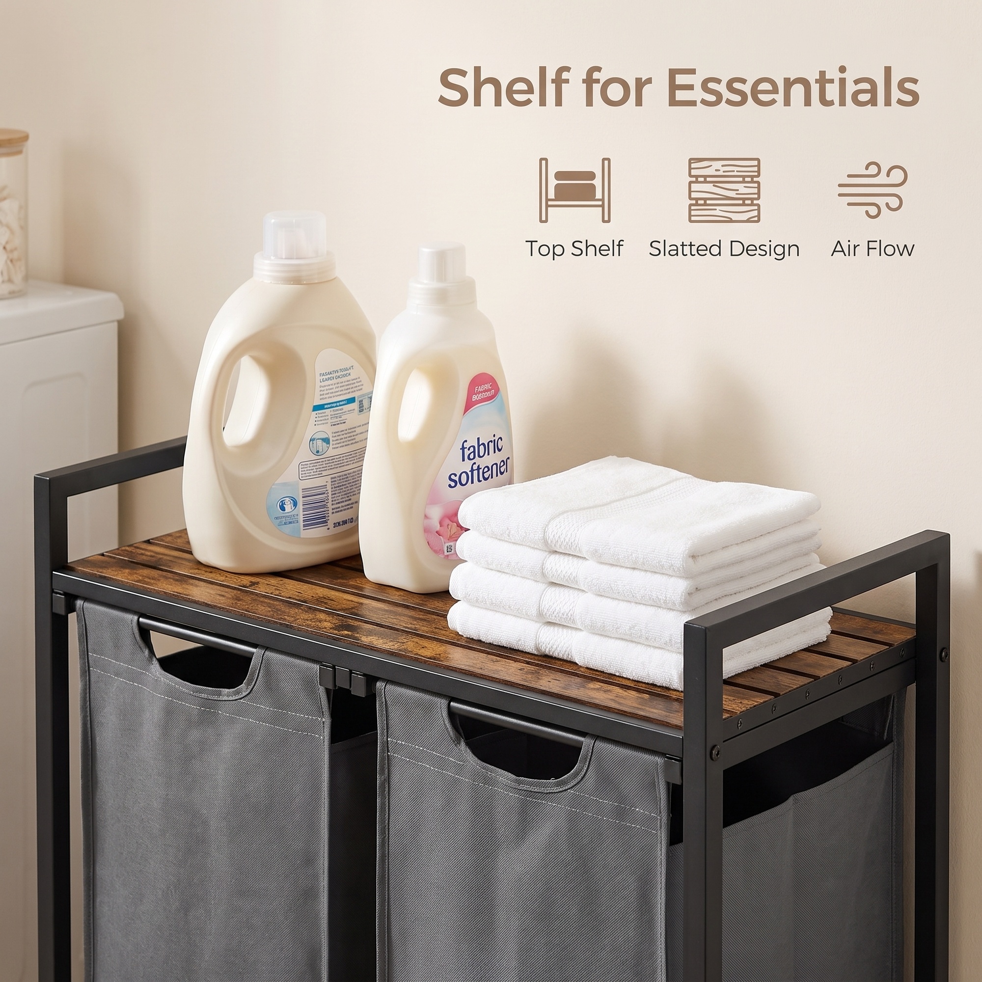Ledrem Laundry Sorter Hamper with 2 Pull-Out Bags, Detergent Shelf, 2-Compartment, Rustic Brown/Gray