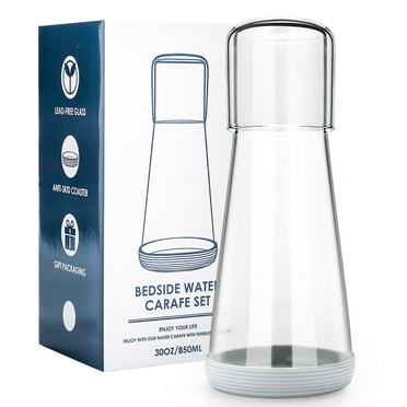 Water Carafe Set with Lid Tumbler Glass Bedside Water Carafe with Glass, for Nightstand Bedroom Bath,Night Clear Carafe with Cup & Grey Silicone Coaster Set for Mouthwash,Water,30 oz/850ml