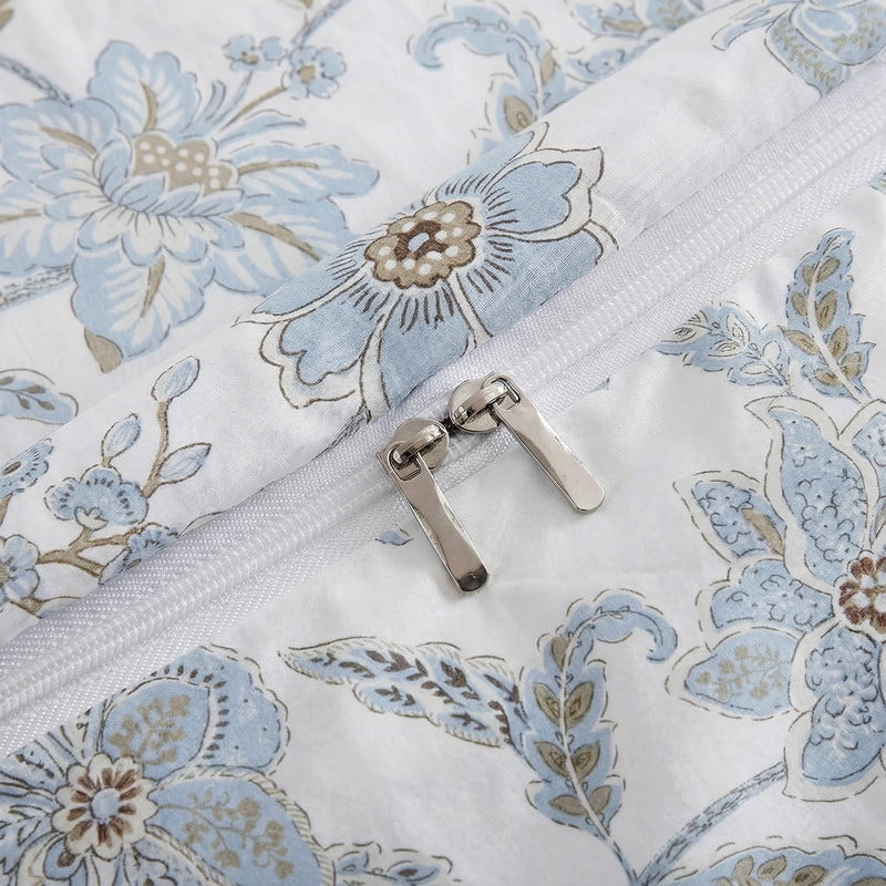 Blue Floral Duvet Cover King Size, 100% Cotton Bedding Set with Zipper Closure & Corner Ties, Soft Breathable Branches Botanical Floral Duvet Cover Set for All Seasons