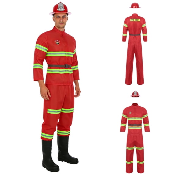 iiniim Mens Firefighter Dress Up Costume 4-Piece Suit Long Sleeve Jacket with Pants and Belt Helmet Red M