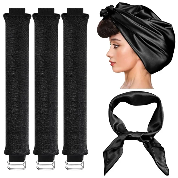 Tripumer Heatless Hair Curler, Black Overnight Curling Rods Satin Flexi Rods, No Heat Blowout Styling Tools for Jumbo Curls, All Hair Types, 3 Pack