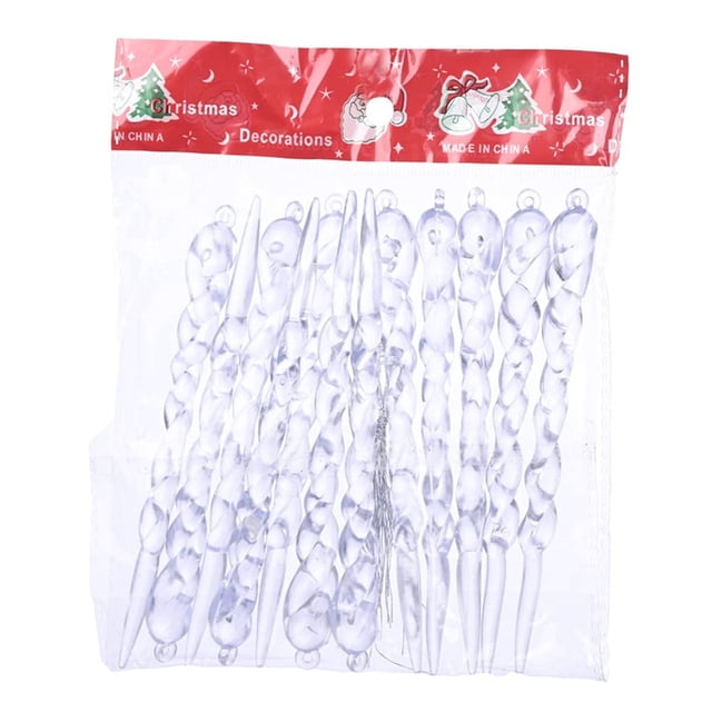 transparente icicle adornos colgantes hilo icicle columnas de hielo para la decoración del árbol de navidad 12pc Bolsa frontal con 12 icicles transparentes de plástico, vista centrada; columnas alargadas y en espiral con anilla para colgar, aspecto claro y brillante similar al hielo, fáciles de colocar en ramas para distribuir o agrupar en el árbol; también suelen usarse como colgantes decorativos en guirnaldas o centros de mesa.