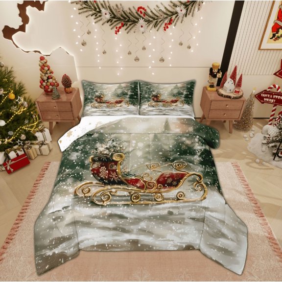 Feelyou Vintage Xmas Carriage 01, Winter Jungle Tree Snow Twin Comforter Sets, Christmas Festival Reversible Bedding Set, Ultra Soft Home Decor, 2pcs