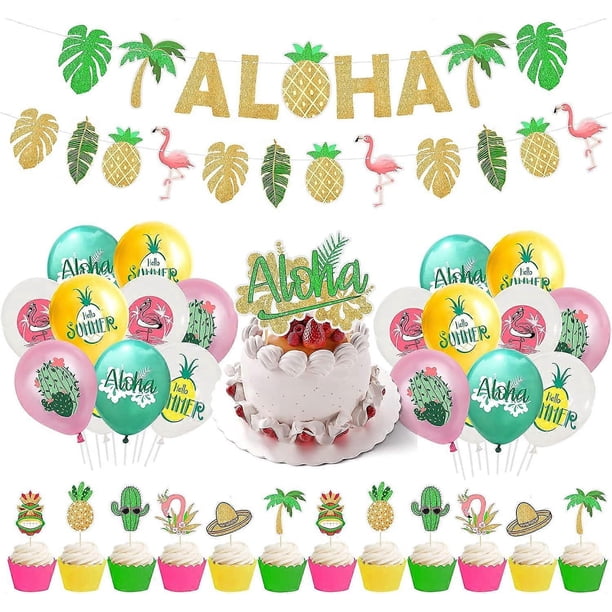 Hawaiian Luau Party Decoration Set,Gold Glittery Aloha Banner Garland,Pineapple Tropical Leaves Flamingo Balloons for Hawaii Luau Party Birthday Weddi