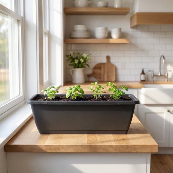 COOPHYA Set of 3 Dark Grey Resin Rectangle Planter Boxes with Drainage Trays for Indoor Window Sill Plant Display