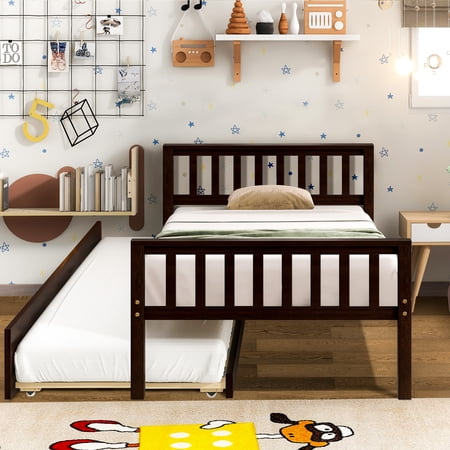 SYNGAR Trundle Bed Twin  Wood Platform Bed Frame Twin Size with Trundle  Headboard  Footboard  Mattress Foundation with Strong Wooden Slat Support for Boys Girls Kids Teens Adults  Espresso