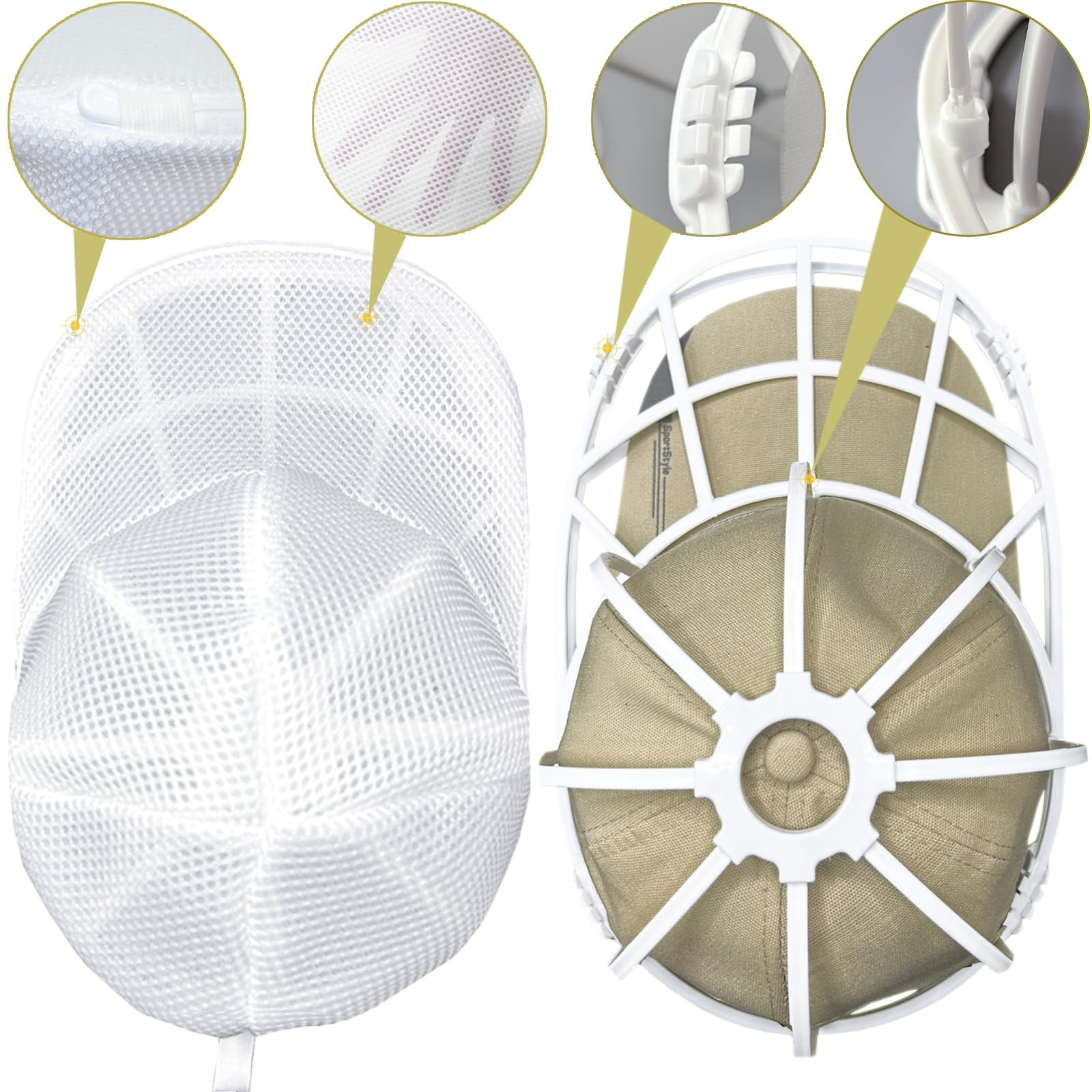 2-Pack Hat Washer Cage for Washing Machine - Baseball Cap Cleaning Protector with Mesh Bags, Hat Shaper & Portable Washer for Apartments