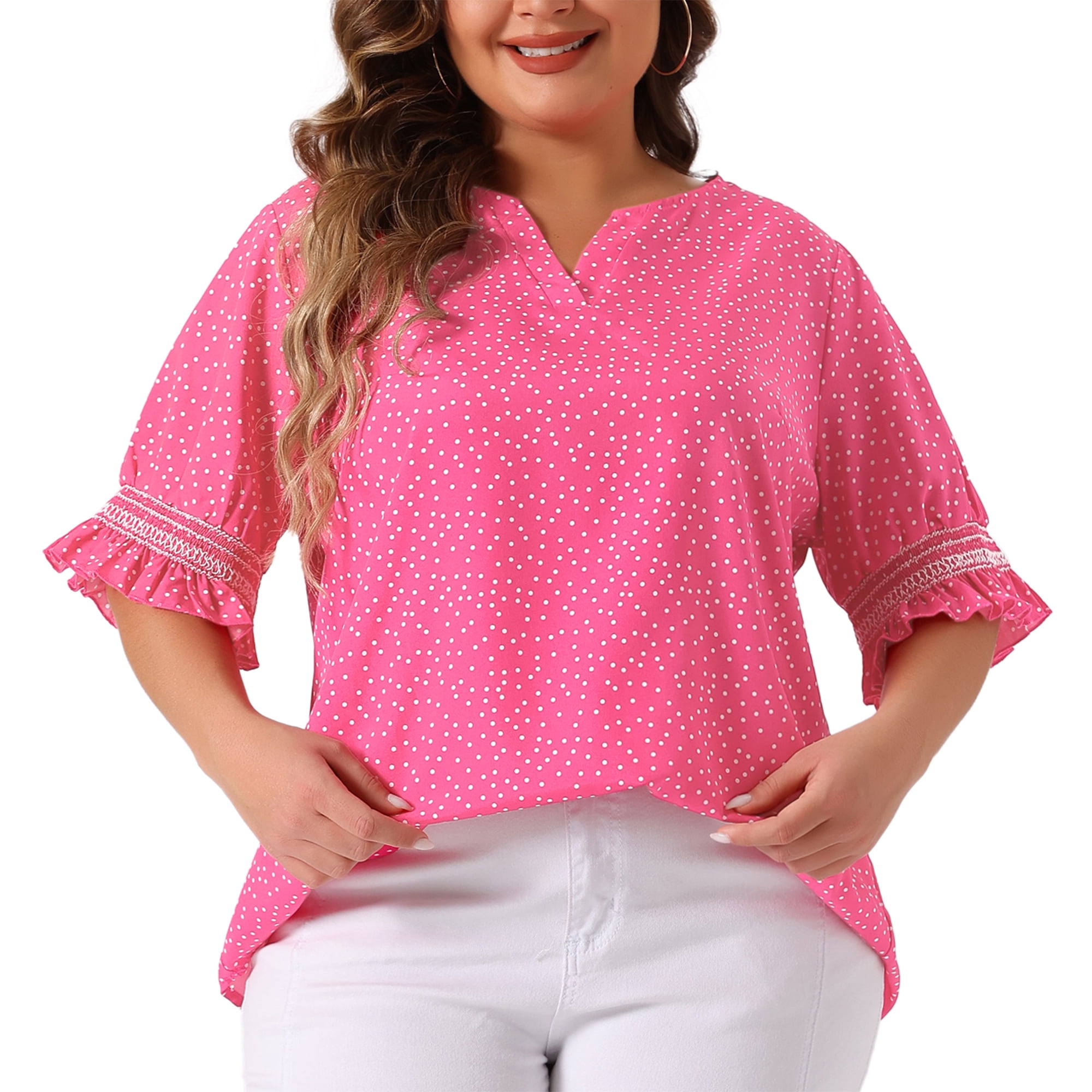 Unique Bargains Women's Plus Size Dots Heart Smocked Short Sleeve Blouse 2X Hot Pink