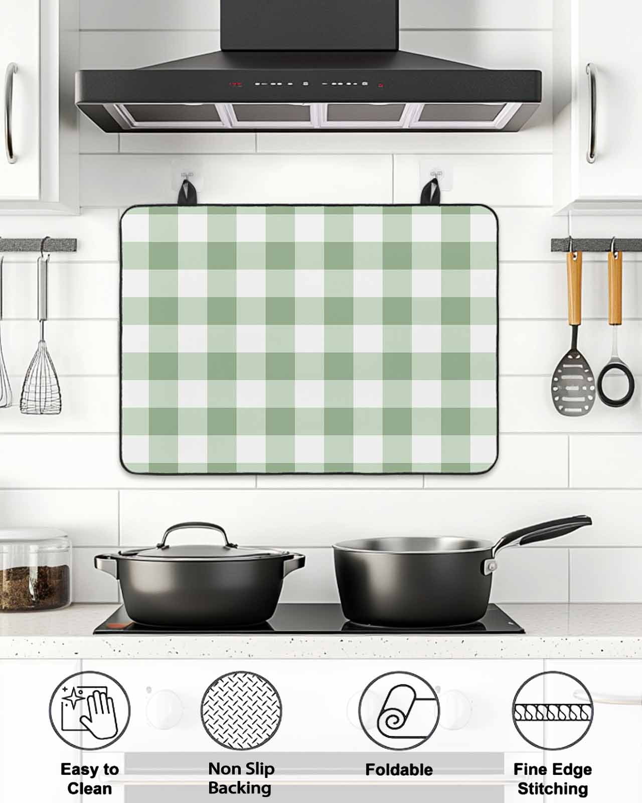 Stove Top Covers for Electric Stove, Sage Green Buffalo Plaid Glass Stovetop Cover Protector, Green White Checkered Farmhouse Induction Cooktop Protector Oven Mat for Kitchen Countertop 24"x21"