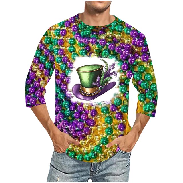 TIMIFIS 3/4 Chemise à Manches pour Hommes Mardi Gras T-Shirt Col Rond Décontracté Imprimés Carnaval Fête